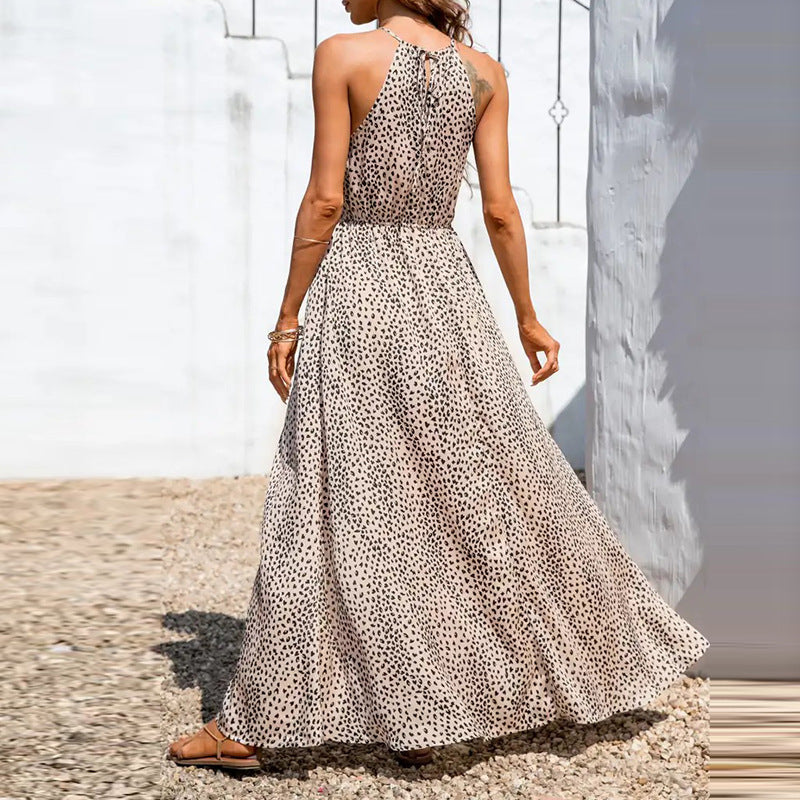 Women's Sleeveless Polka Dot Waist Split Sling Dress