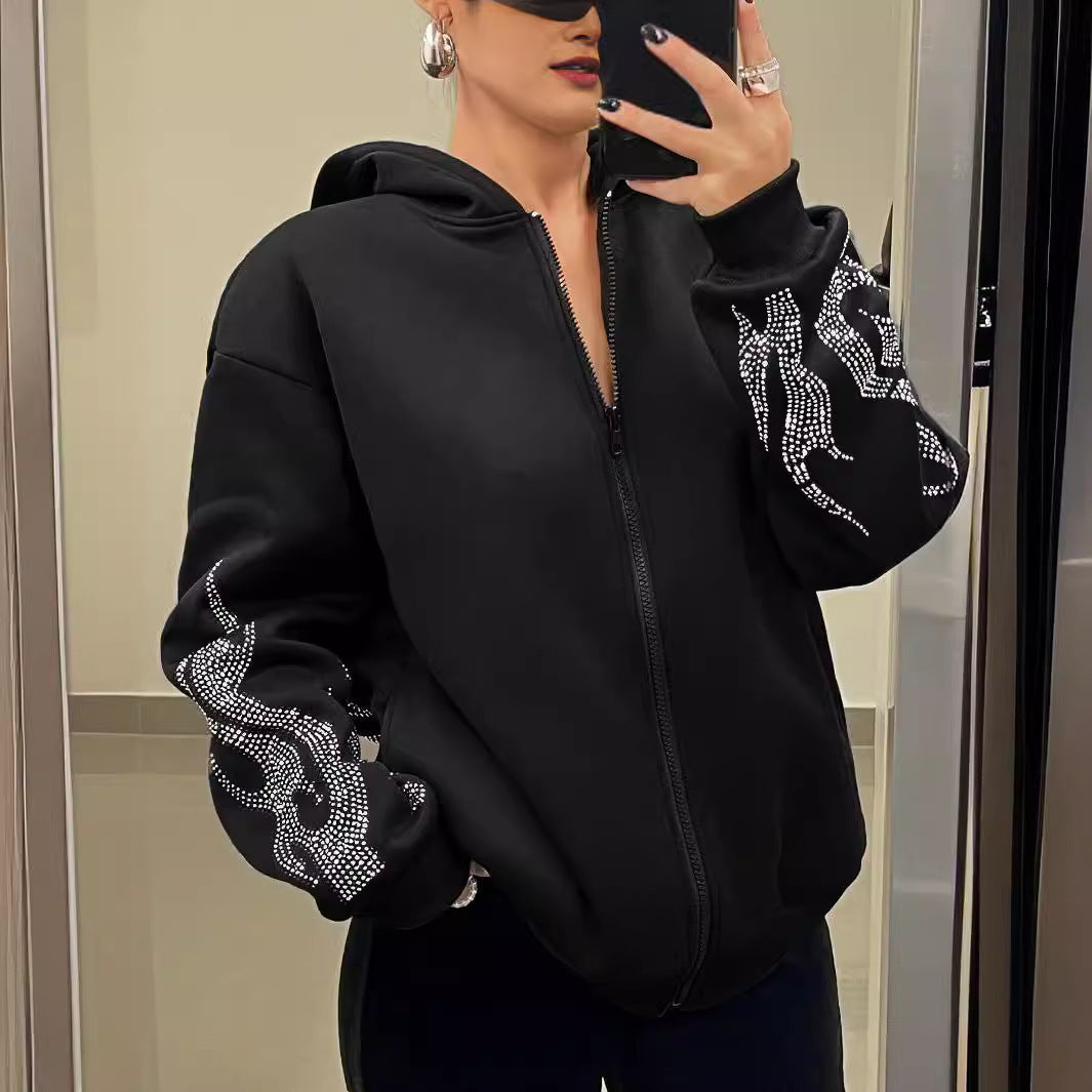 Street Trend Flame Rhinestone Loose Zip Hooded Sweater