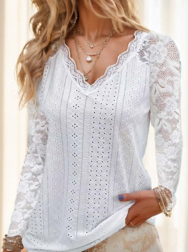 Contrast Lace V-neck Eyelet Top