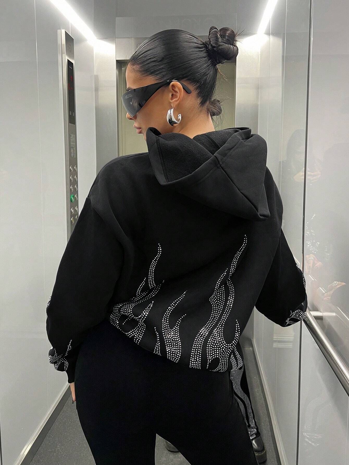 Street Trend Flame Rhinestone Loose Zip Hooded Sweater