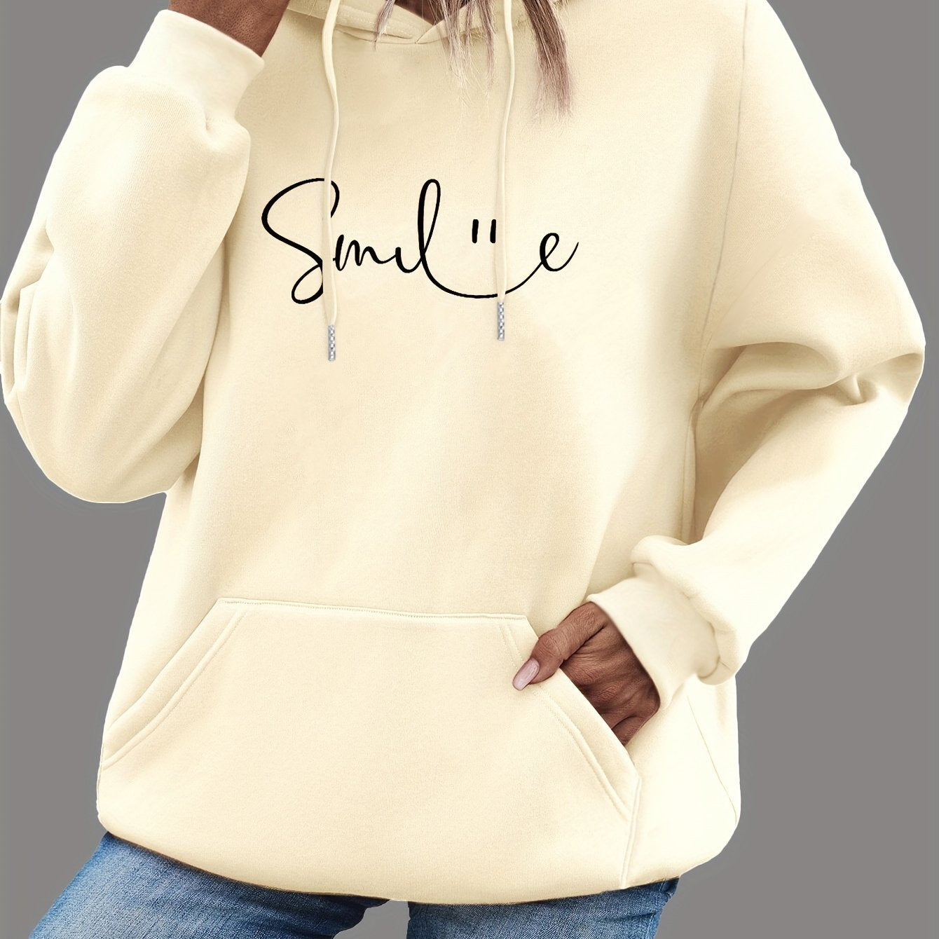 Womens Smile Print Hoodie With Kangaroo Pocket