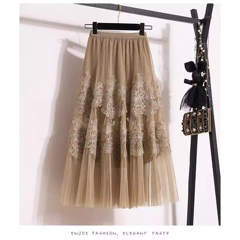 Embroidered Floral Lace Pleated Skirt