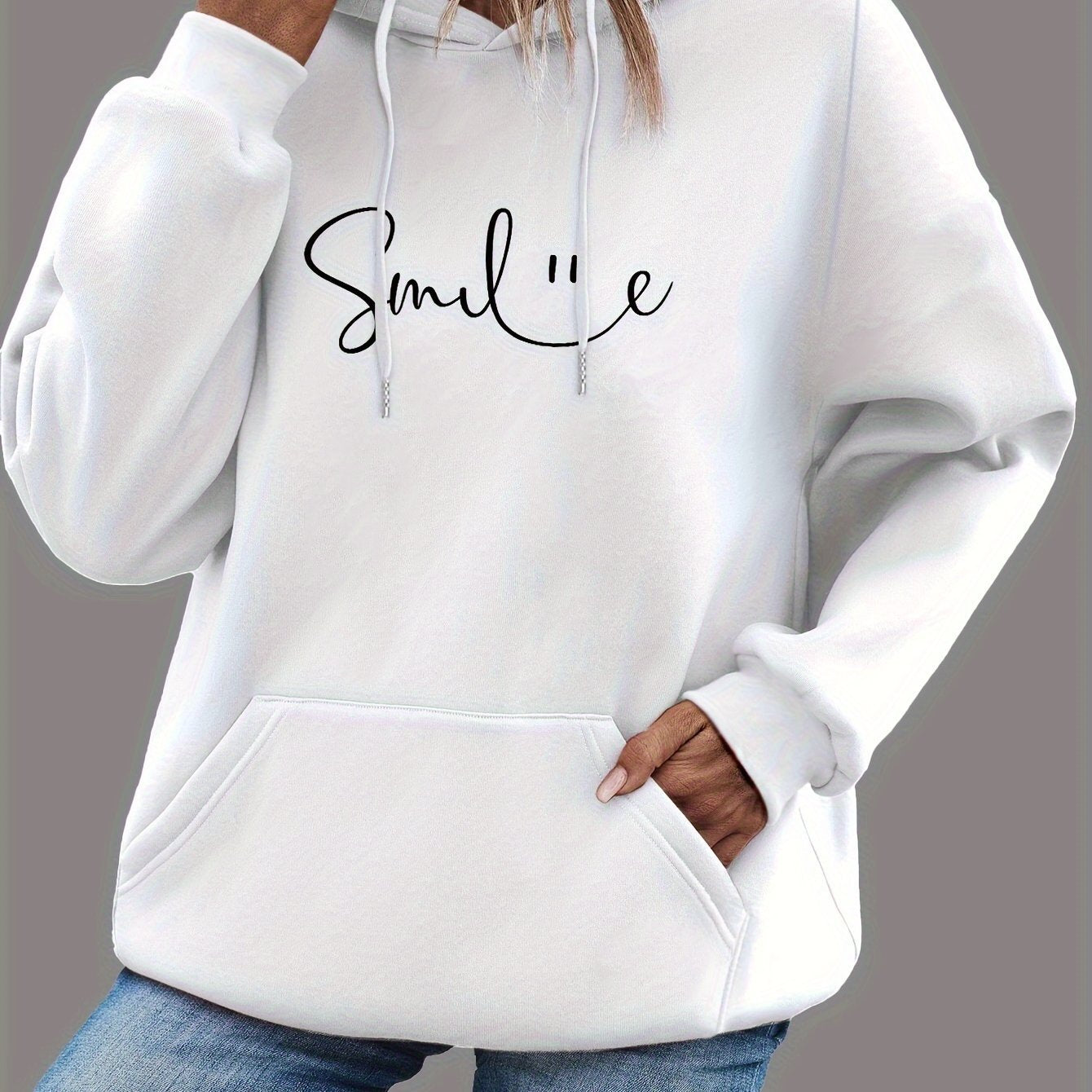 Womens Smile Print Hoodie With Kangaroo Pocket