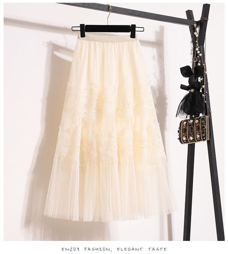 Embroidered Floral Lace Pleated Skirt