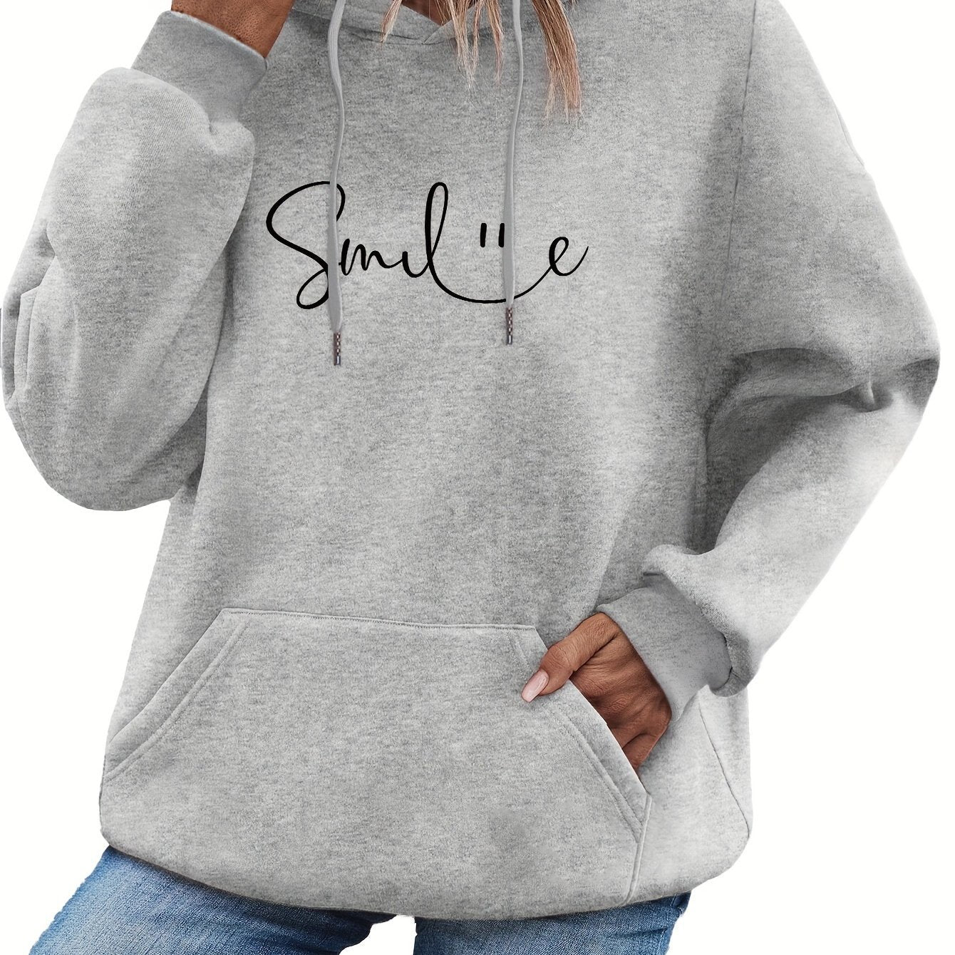 Womens Smile Print Hoodie With Kangaroo Pocket