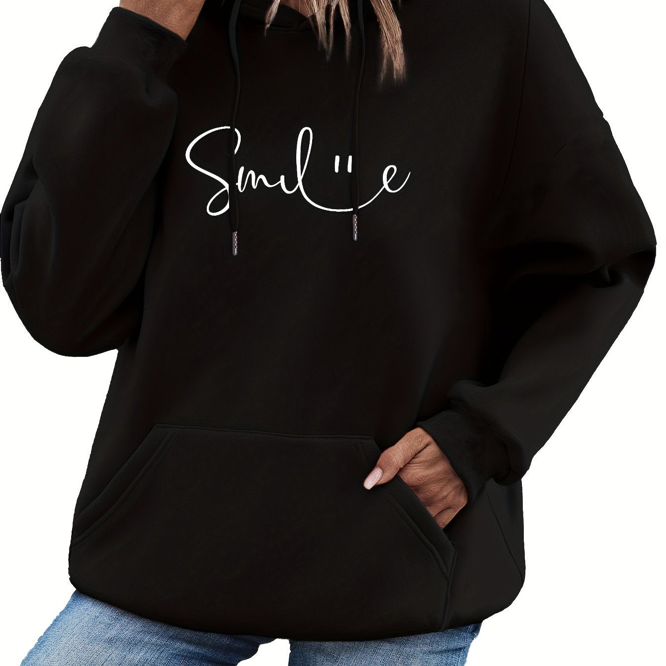Womens Smile Print Hoodie With Kangaroo Pocket