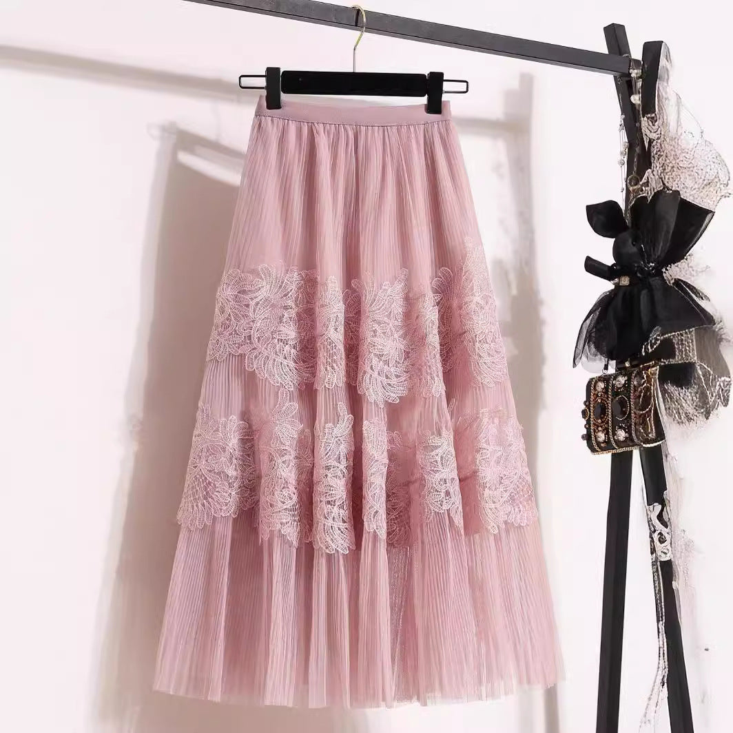 Embroidered Floral Lace Pleated Skirt