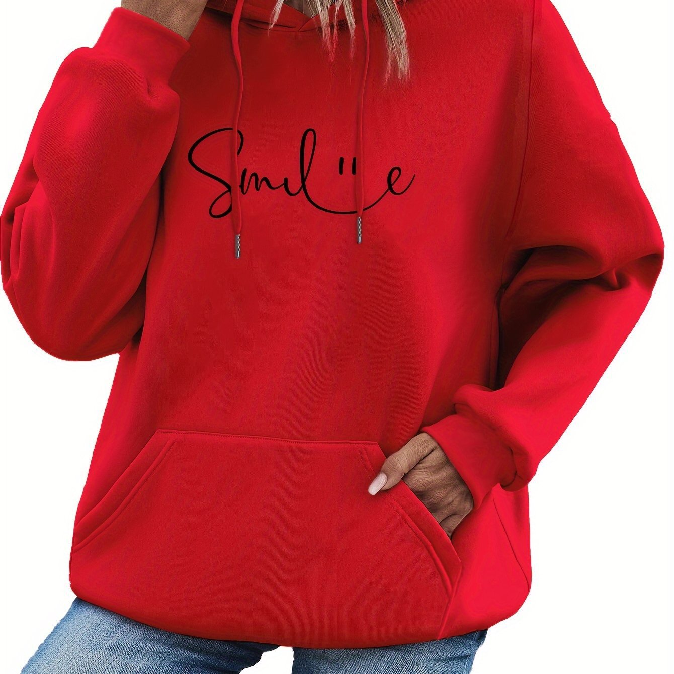 Womens Smile Print Hoodie With Kangaroo Pocket