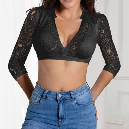Women's White Base Lace Stitching Top
