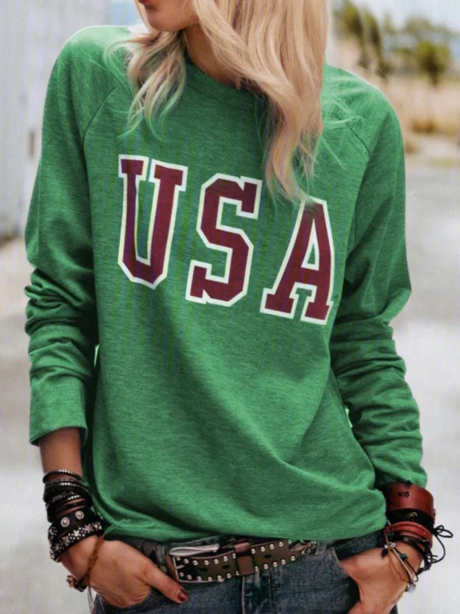 Women's Printed Letter Round Neck Long Sleeve Top