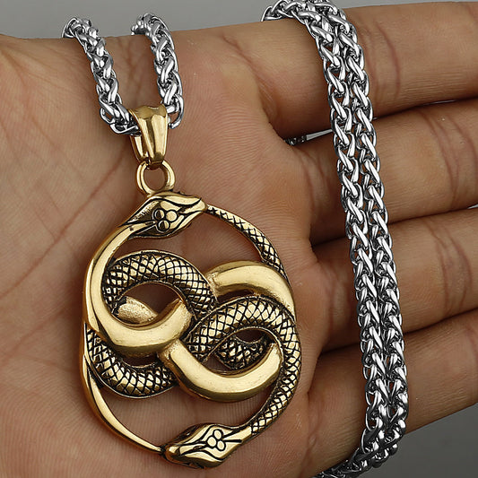 Double Snake Staff Pendant Necklace