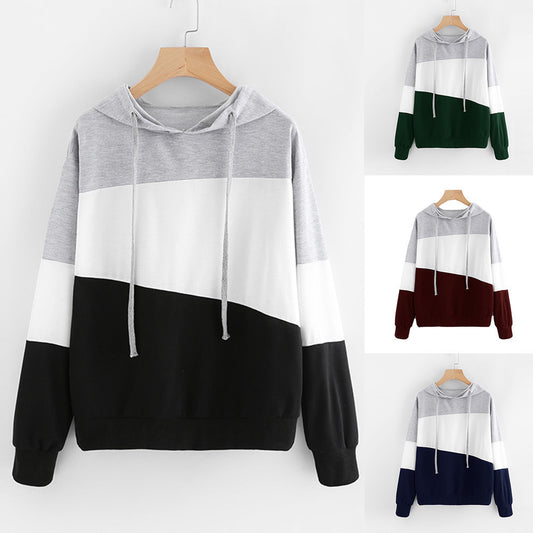 Women's Stitching Color Hooded Long-Sleeved Top