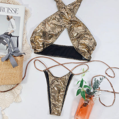 Bikini snake print fabric strappy swimsuit