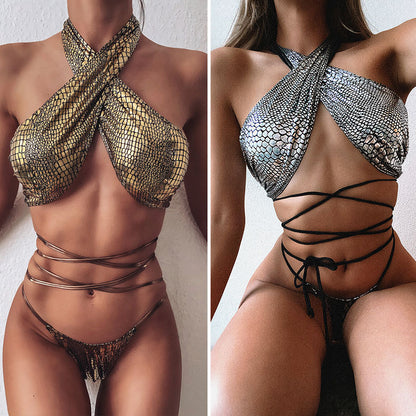 Bikini snake print fabric strappy swimsuit