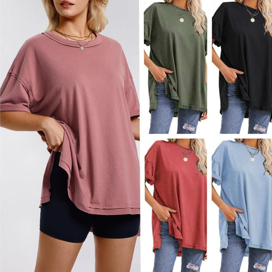 Women's Cotton Round Neck Slits Loose T-shirt