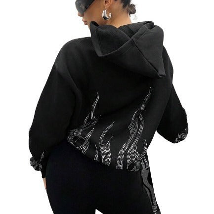 Street Trend Flame Rhinestone Loose Zip Hooded Sweater