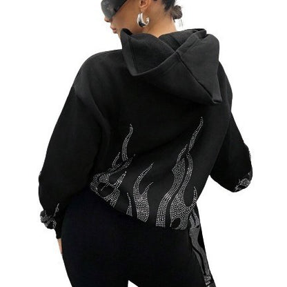 Street Trend Flame Rhinestone Loose Zip Hooded Sweater