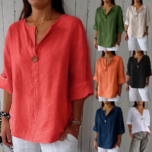 Women's V-neck Button Three-quarters Sleeve Top