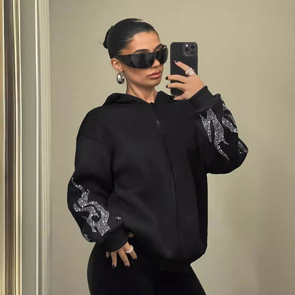 Street Trend Flame Rhinestone Loose Zip Hooded Sweater