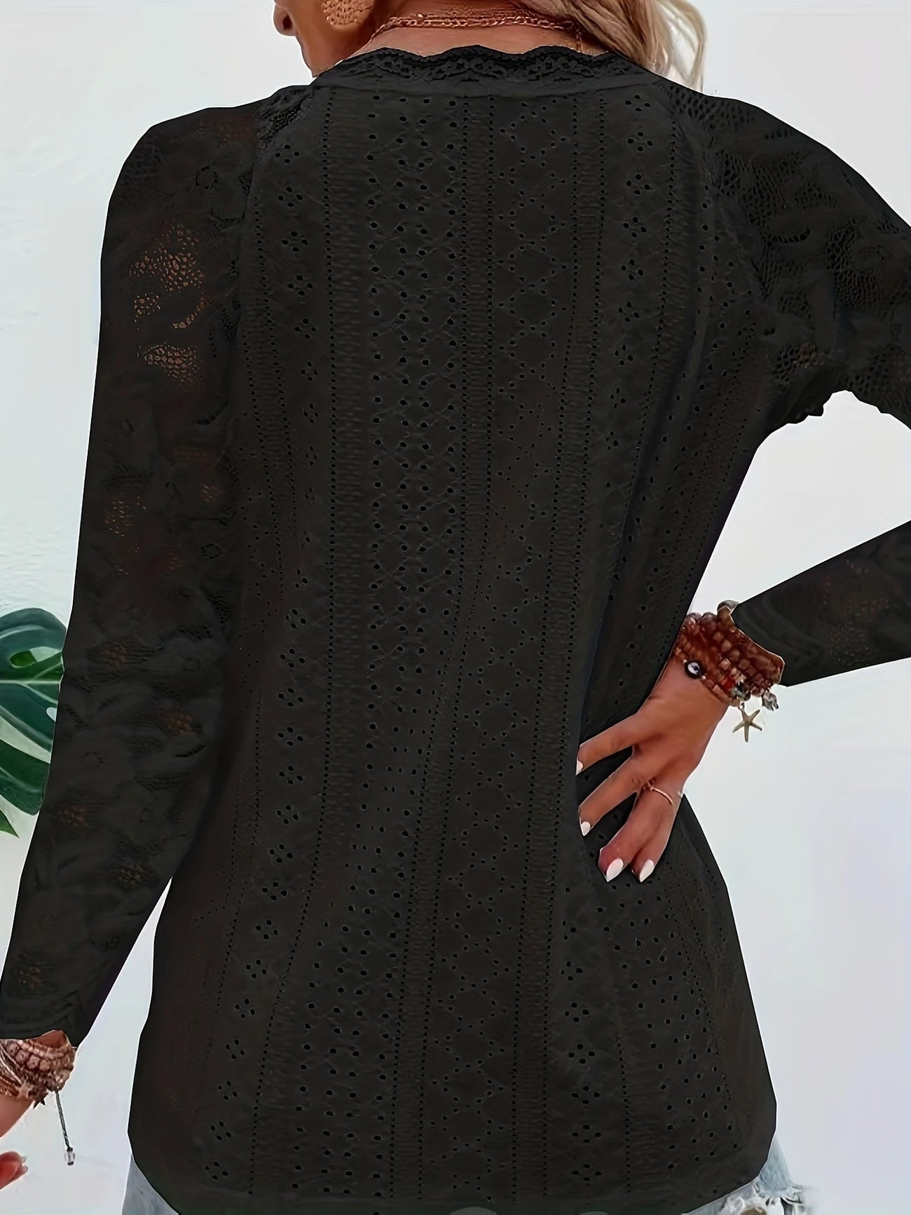 Contrast Lace V-neck Eyelet Top