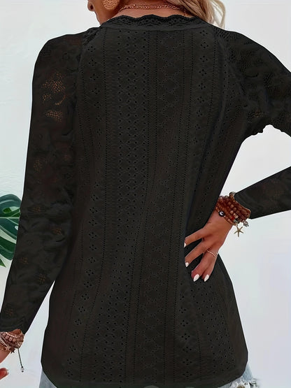 Contrast Lace V-neck Eyelet Top