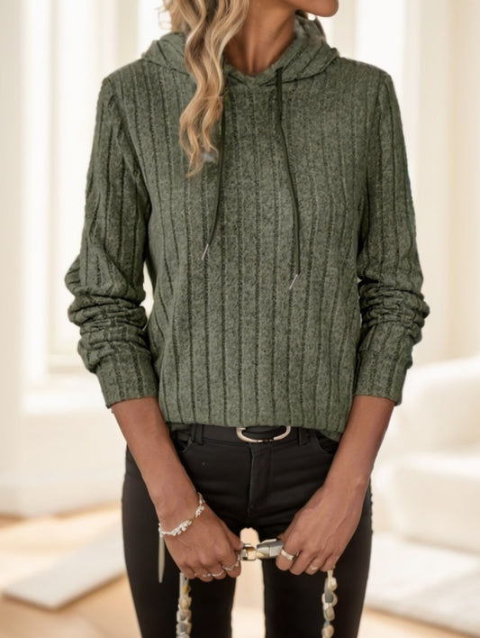 Solid Color Drawstring Ribbed Hoodie