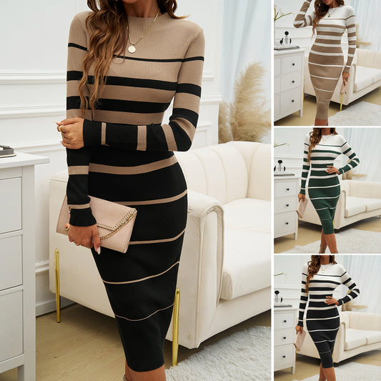 Ladies Slim-fit Contrast Colors Long Sleeve Dress