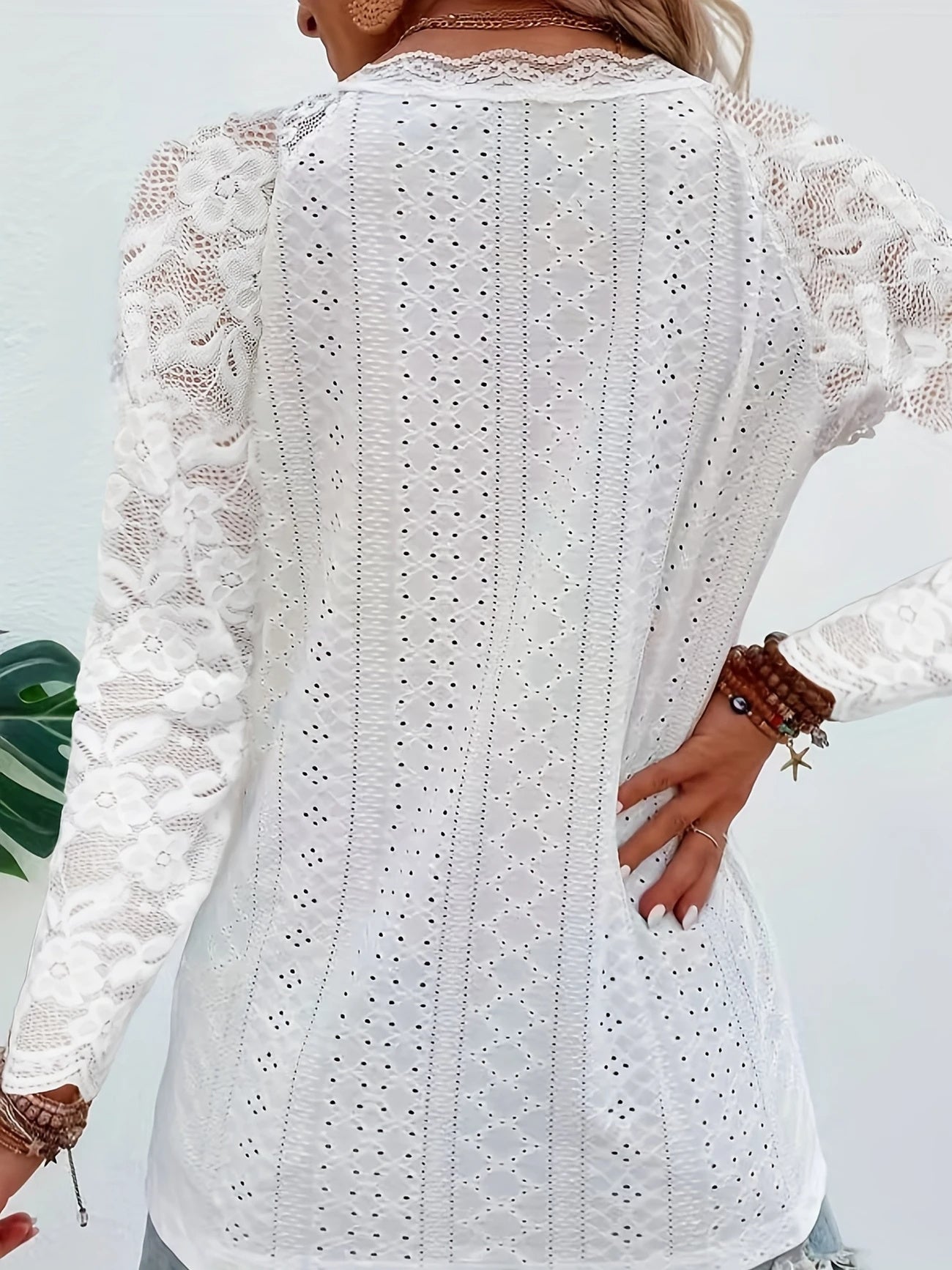 Contrast Lace V-neck Eyelet Top