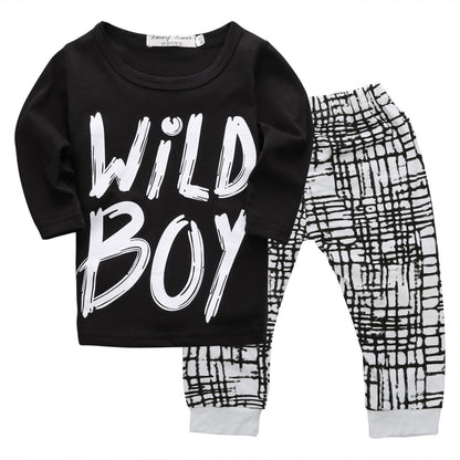 Boys Black Letter Top Check Pants Set