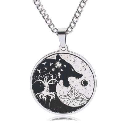 Mens Vintage Wolf Head Tree Of Life Pendant Necklace
