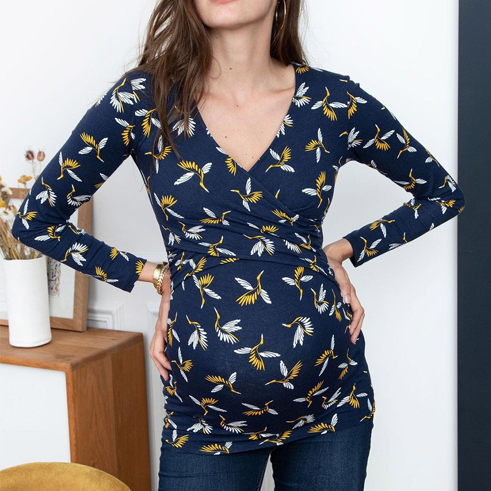 Maternity Deep V-neck print long sleeves