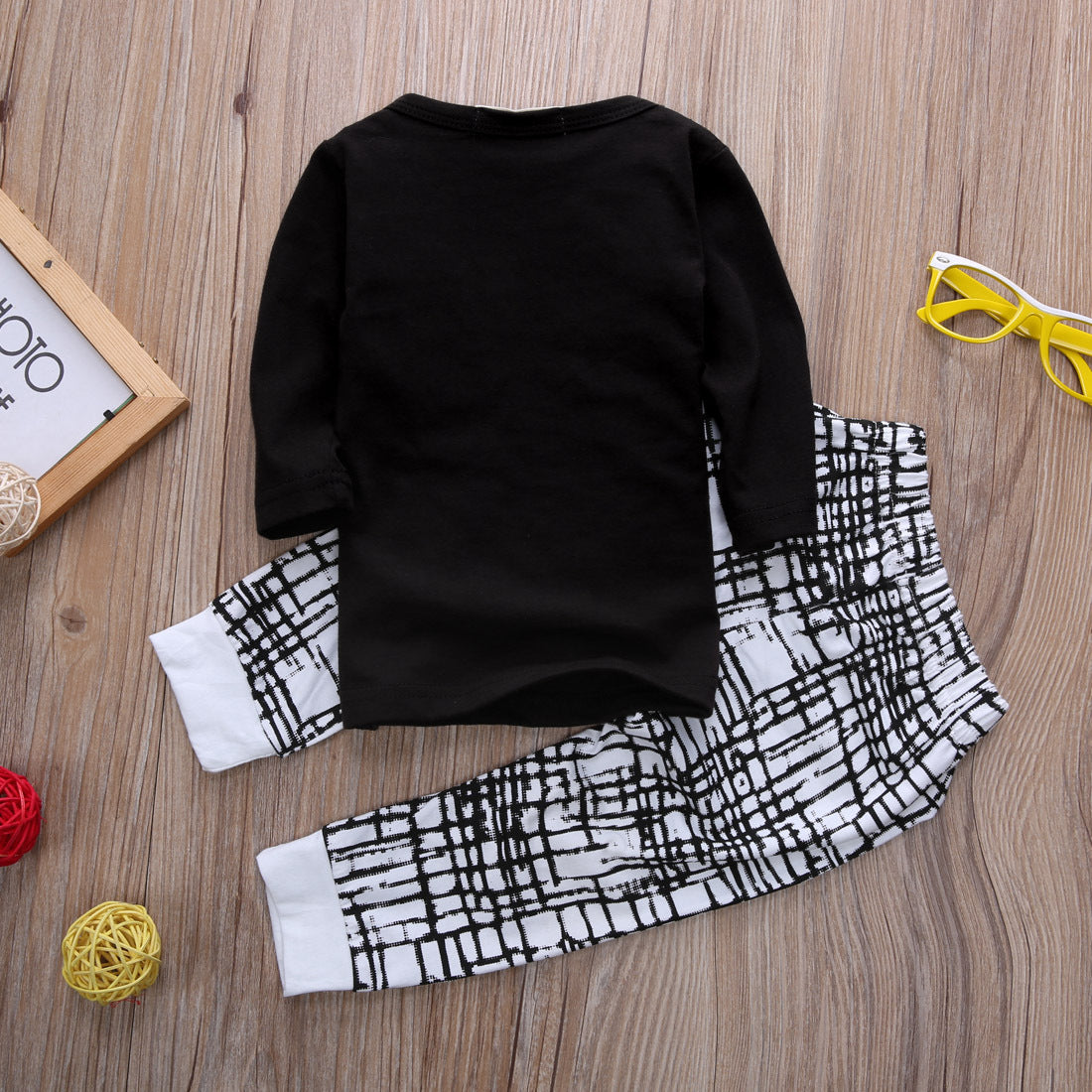 Boys Black Letter Top Check Pants Set