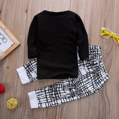 Boys Black Letter Top Check Pants Set