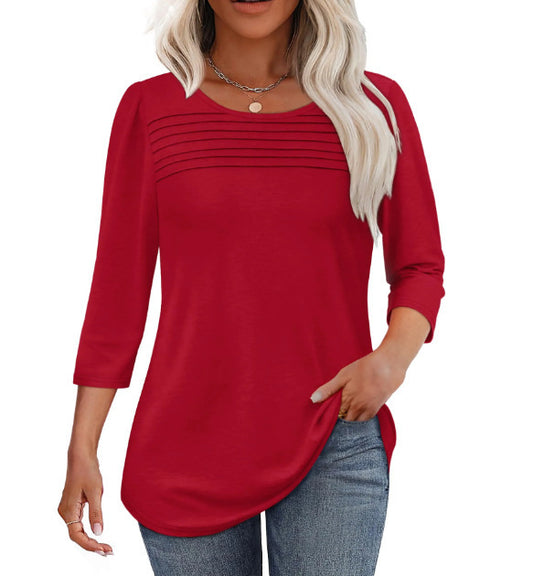 Ladies Round Neck Three-quarters Sleeved Pleated Top