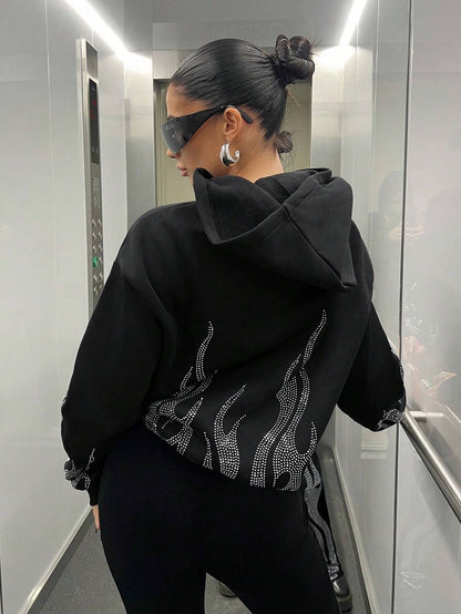 Street Trend Flame Rhinestone Loose Zip Hooded Sweater