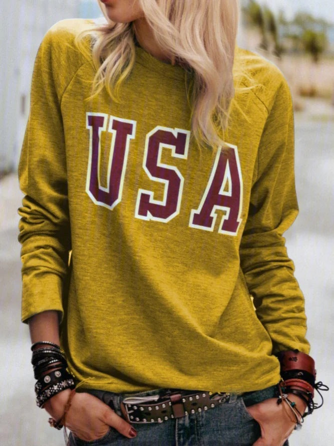 Women's Printed Letter Round Neck Long Sleeve Top