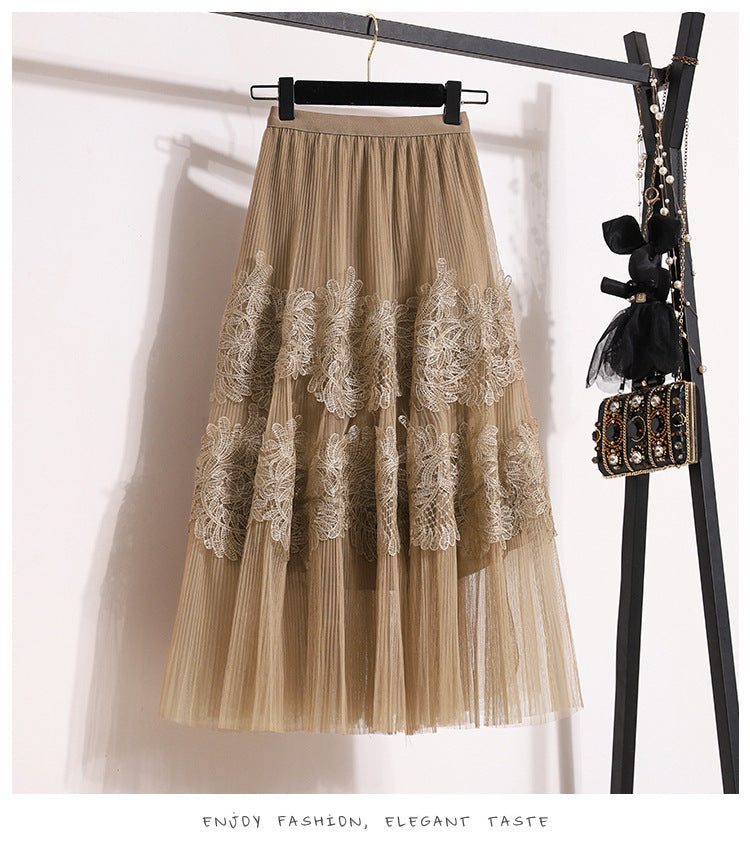 Embroidered Floral Lace Pleated Skirt