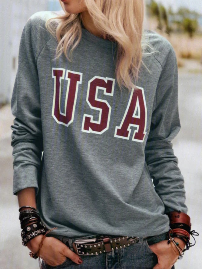 Women's Printed Letter Round Neck Long Sleeve Top