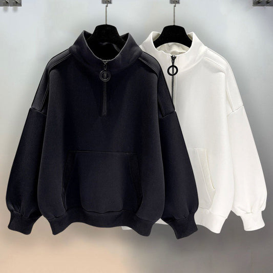 Half Zipper Black Hoodie Stand Collar Hooded