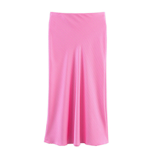 Slim Stripe Silk Satin Texture Midi Dress