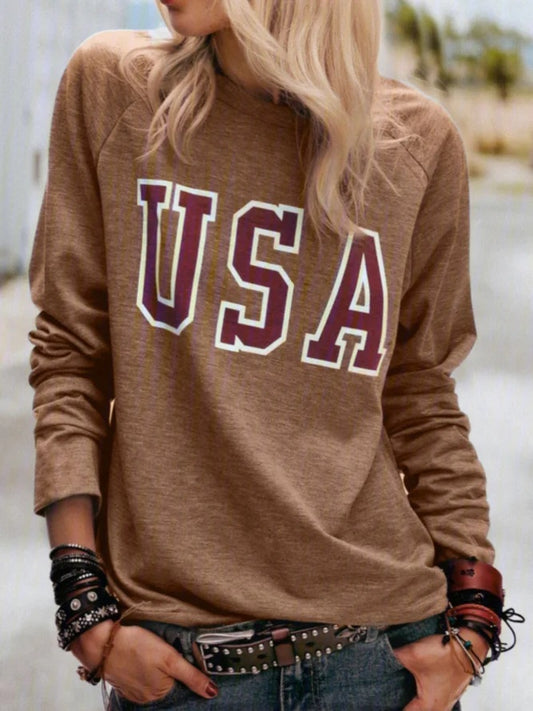 Women's Printed Letter Round Neck Long Sleeve Top