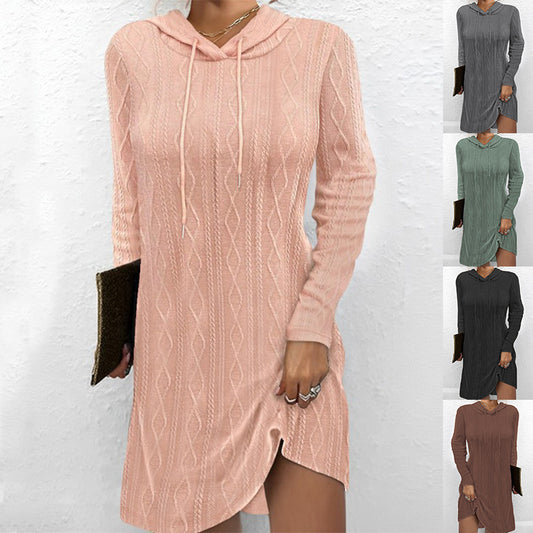Woman's Long Sleeve Hooded Pullover Knitted Dress